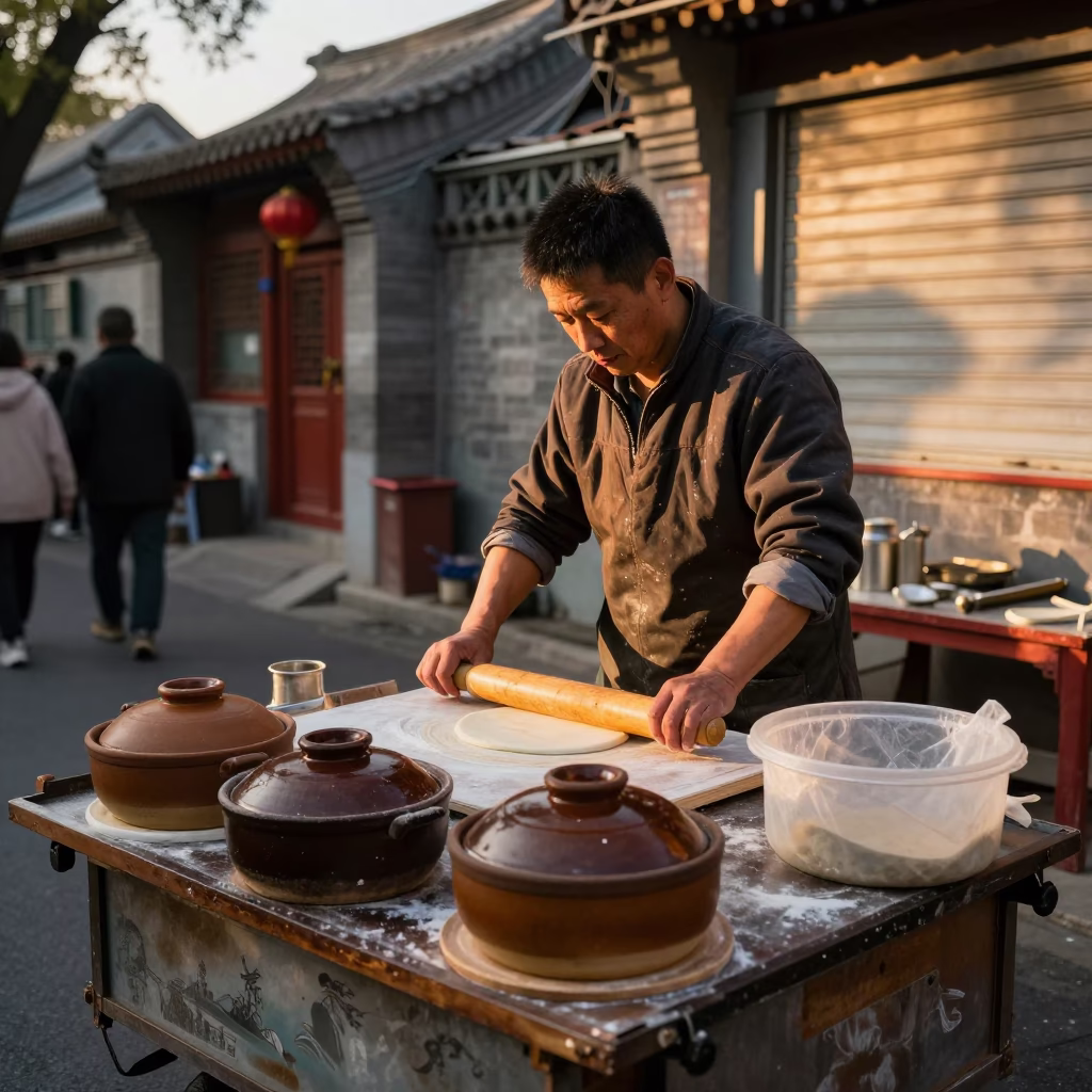 Busy Beijing Street Stall Golden Hour Vendor Cooking with Clay Pot and Rolling Pin in in Beijing, China