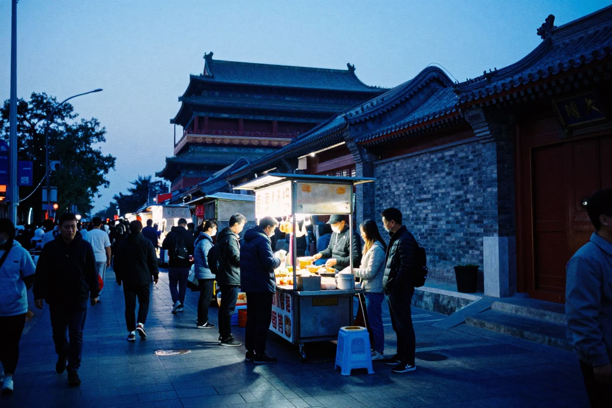 Busy Beijing Street Stall in Evening Blue Light with Blue and White Porcelain Bowl in in Beijing, China