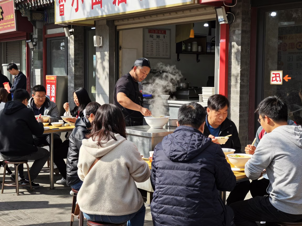 Busy Beijing Street Stall Lunch Scene Under Flat Noon Sun with Steam and Bowls in in Beijing, China