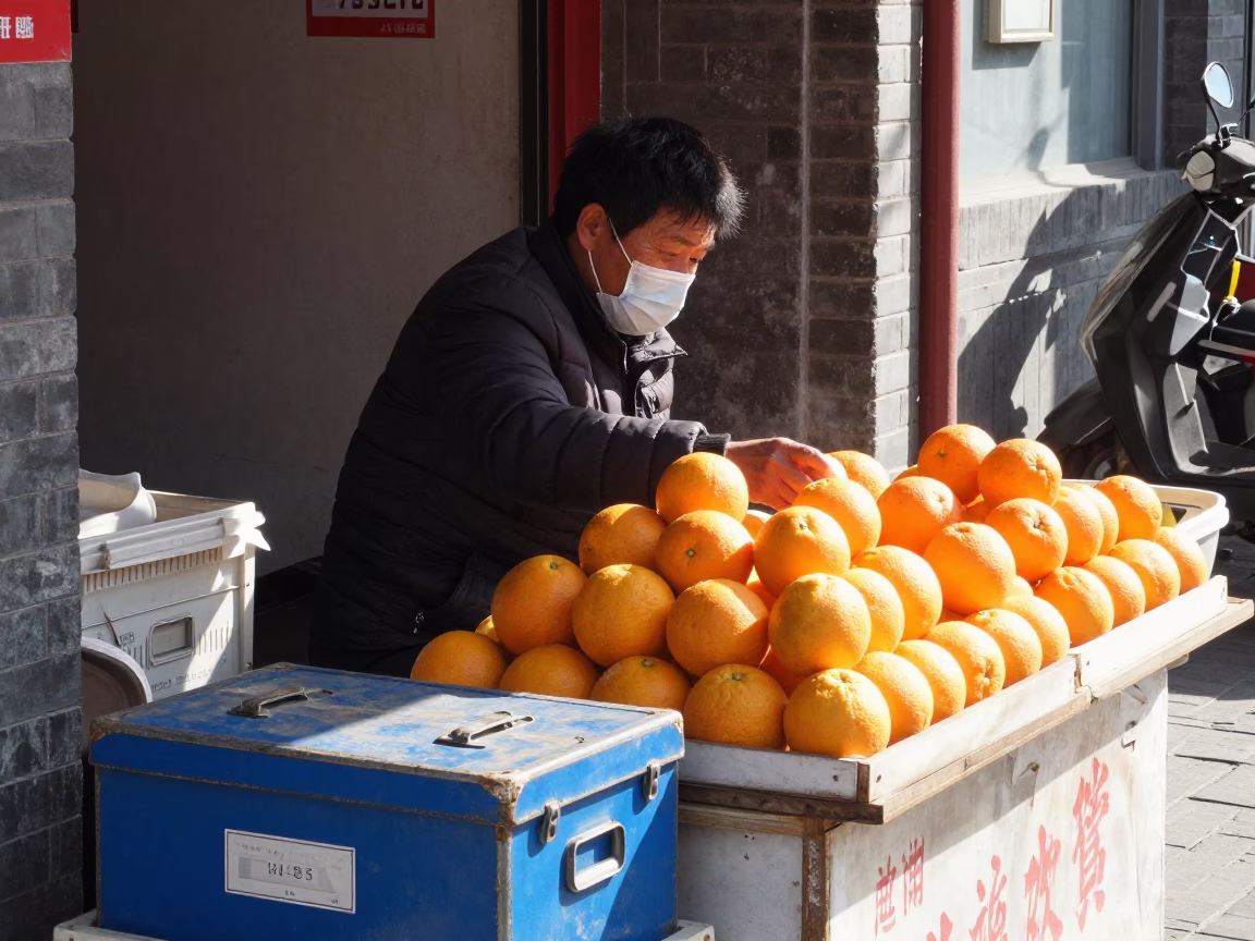 Busy Beijing Street Stall Midmorning Scene with Oranges and File Box in in Beijing, China