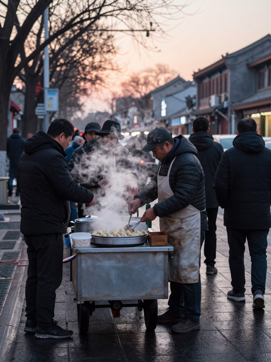 Busy Beijing Street Vendor Selling Hot Dumplings Before Dawn in 1980s China in in Beijing, China