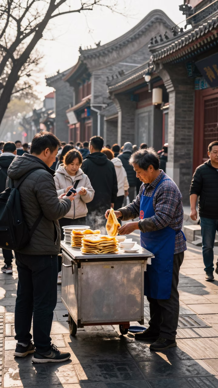 Busy Beijing Street Vendor Selling Jianbing Crepes in Late Morning Light in in Beijing, China
