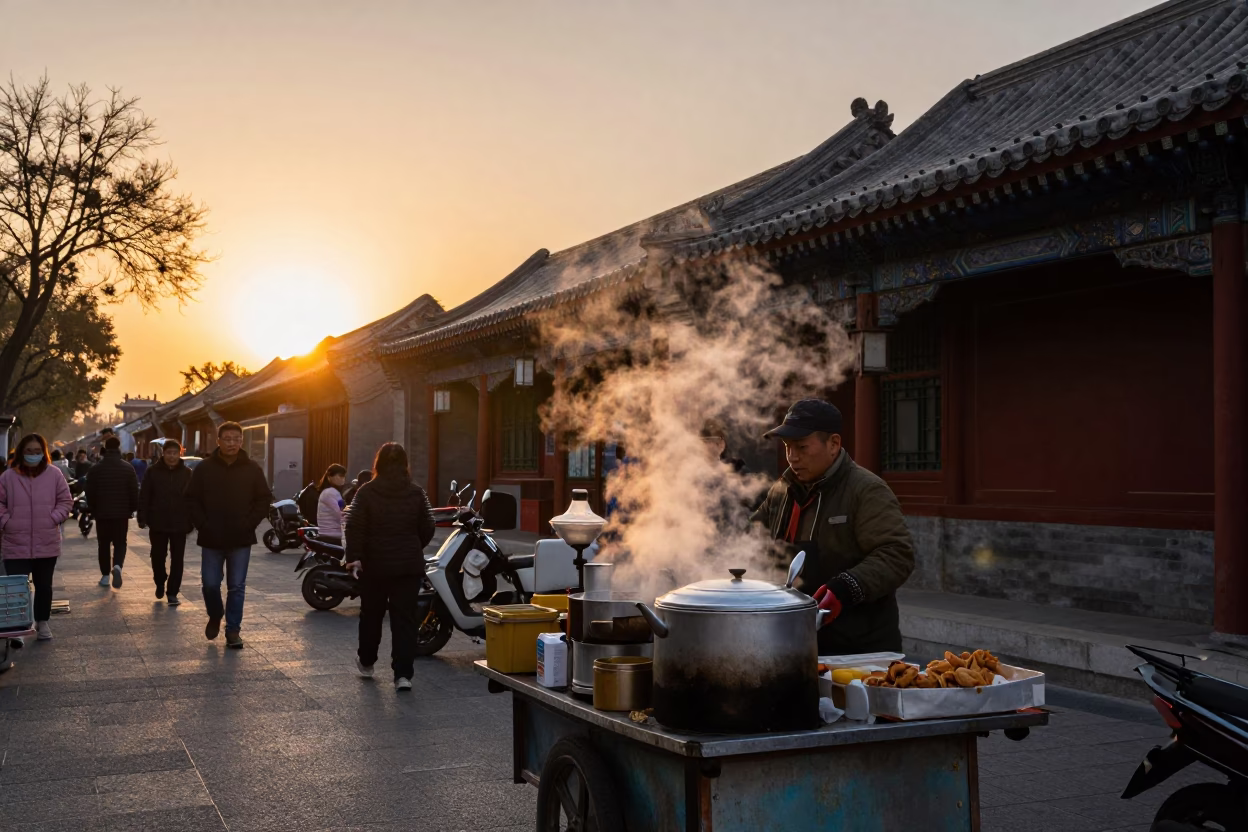 Busy Beijing Street Vendor Serving Hot Food at Sunset with Traditional Architecture in in Beijing, China