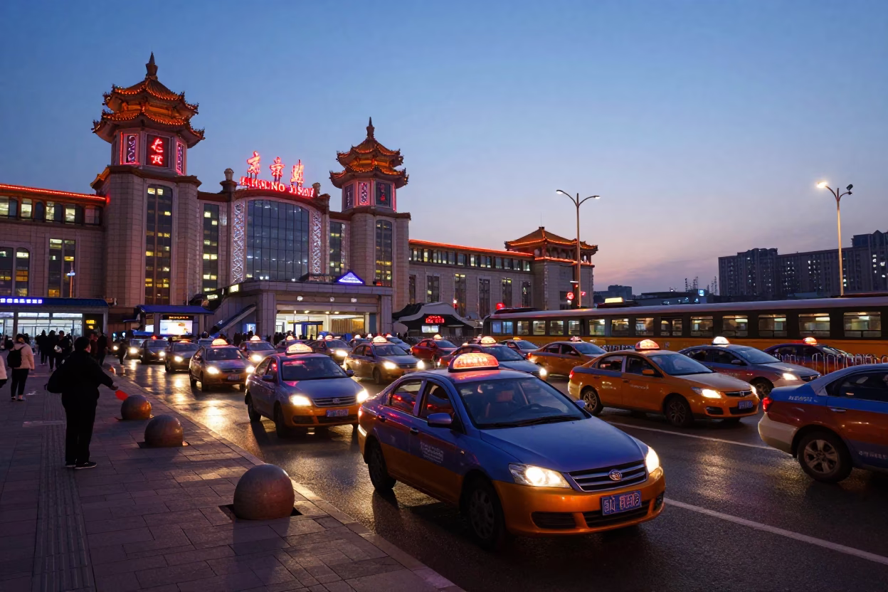 Busy Beijing Taxi Rank at Indigo Twilight Outside Train Station with Red Lanterns in in Beijing, China