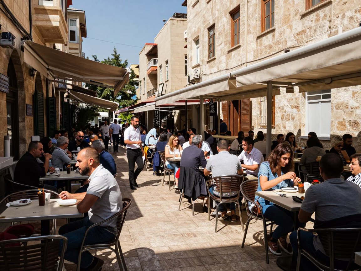 Busy Beirut Cafe Terrace Afternoon with Local Diners and Vintage Details in in Beirut, Lebanon