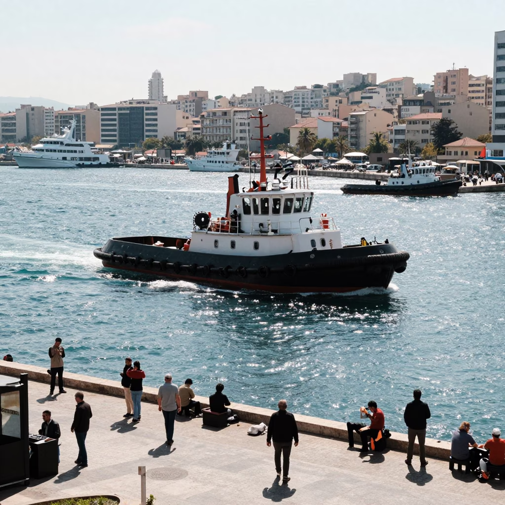 Busy Beirut Harbor Midday Scene with Tugboat and Local Street Life in in Beirut, Lebanon