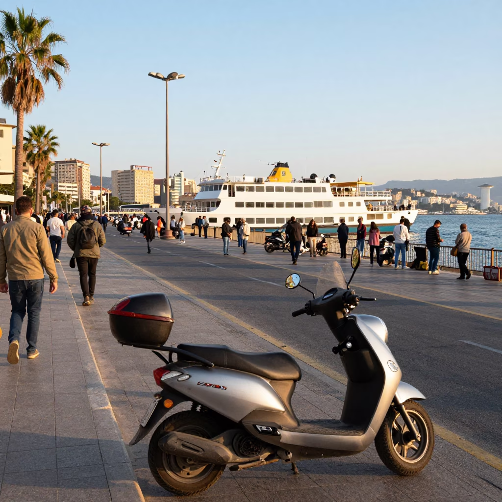 Busy Beirut Harbor Promenade Late Afternoon Scooter and Ferry Dock Scene in in Beirut, Lebanon