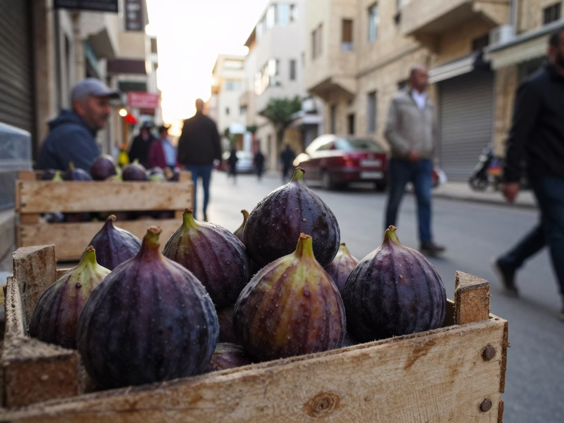 Busy Beirut Late Afternoon Street Scene with Figs and Indigo Fabric in in Beirut, Lebanon