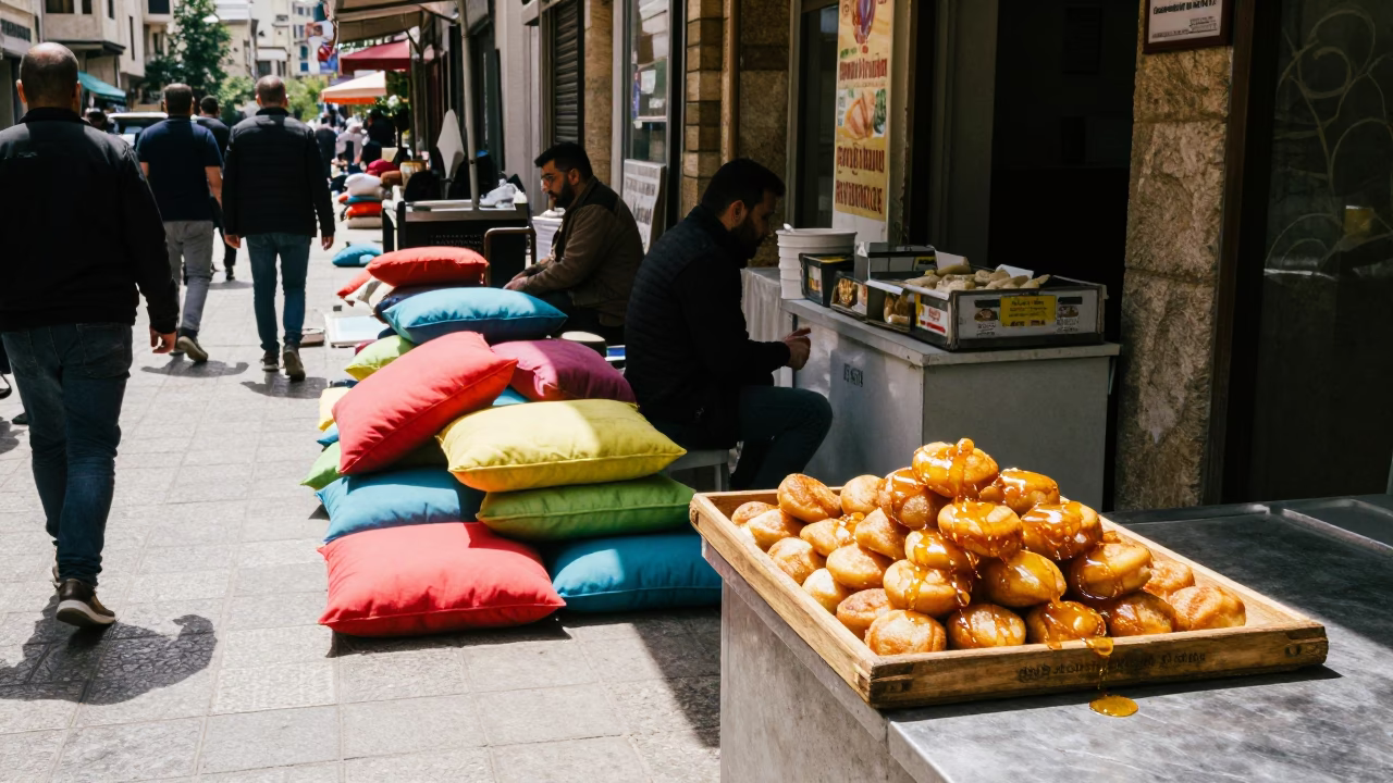 Busy Beirut Midday Street Scene with Cushions and Loukoumades Honey Tray in in Beirut, Lebanon