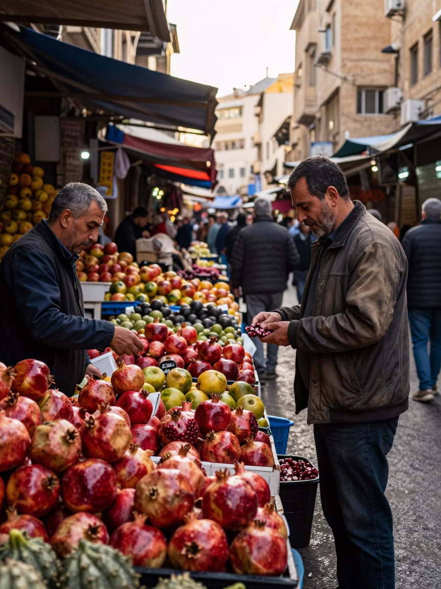 Busy Beirut Morning Market with Pomegranates and Local Commerce at Dawn in in Beirut, Lebanon