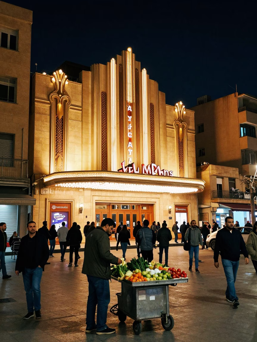 Busy Beirut Night Street Scene with Art Deco Cinema Facade and Rolling Carts in in Beirut, Lebanon