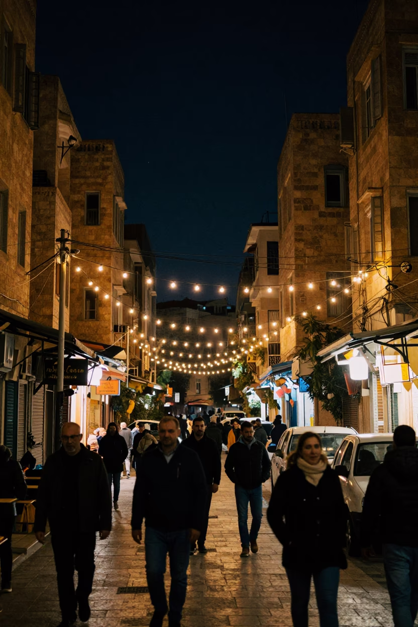 Busy Beirut Night Street Scene with String Lights and Local Interaction in in Beirut, Lebanon
