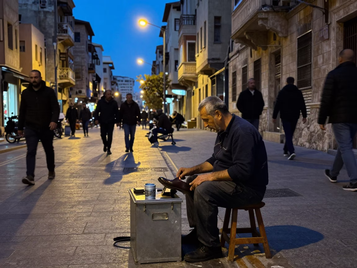 Busy Beirut Sidewalk Shoe Shiner Under Streetlights at Blue Hour Evening in in Beirut, Lebanon