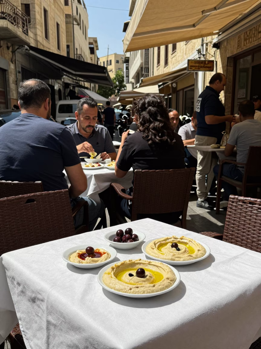 Busy Beirut Street Cafe Under Noon Sun with Hummus and Olive Oil Spread in in Beirut, Lebanon