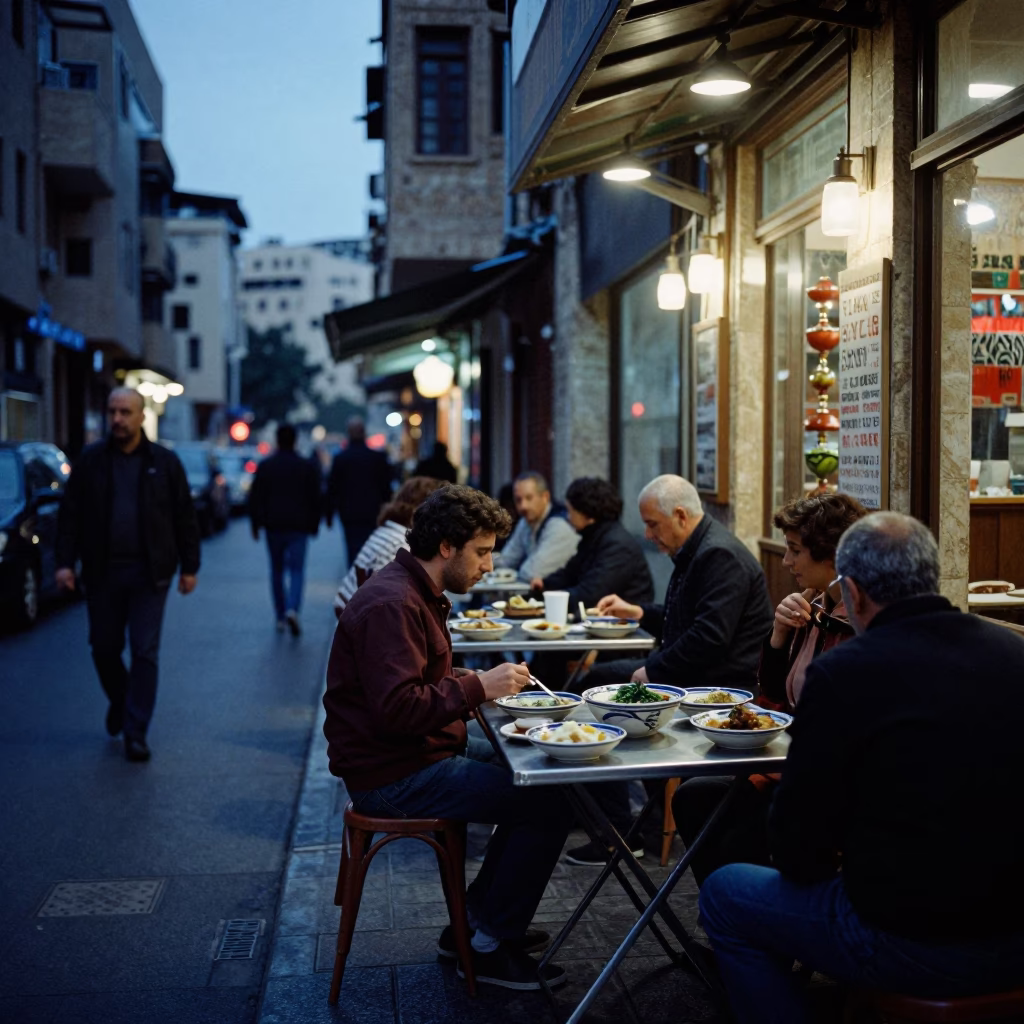 Busy Beirut Street Corner at Blue Hour with Ceramic Bowls and Wicker Shadows in in Beirut, Lebanon