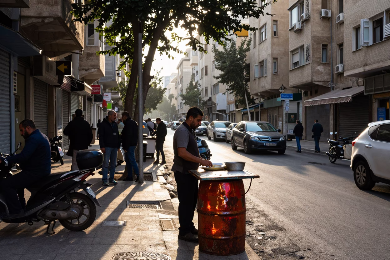 Busy Beirut Street Corner at Dawn with Rusty Bucket and Enamel Surfaces in in Beirut, Lebanon