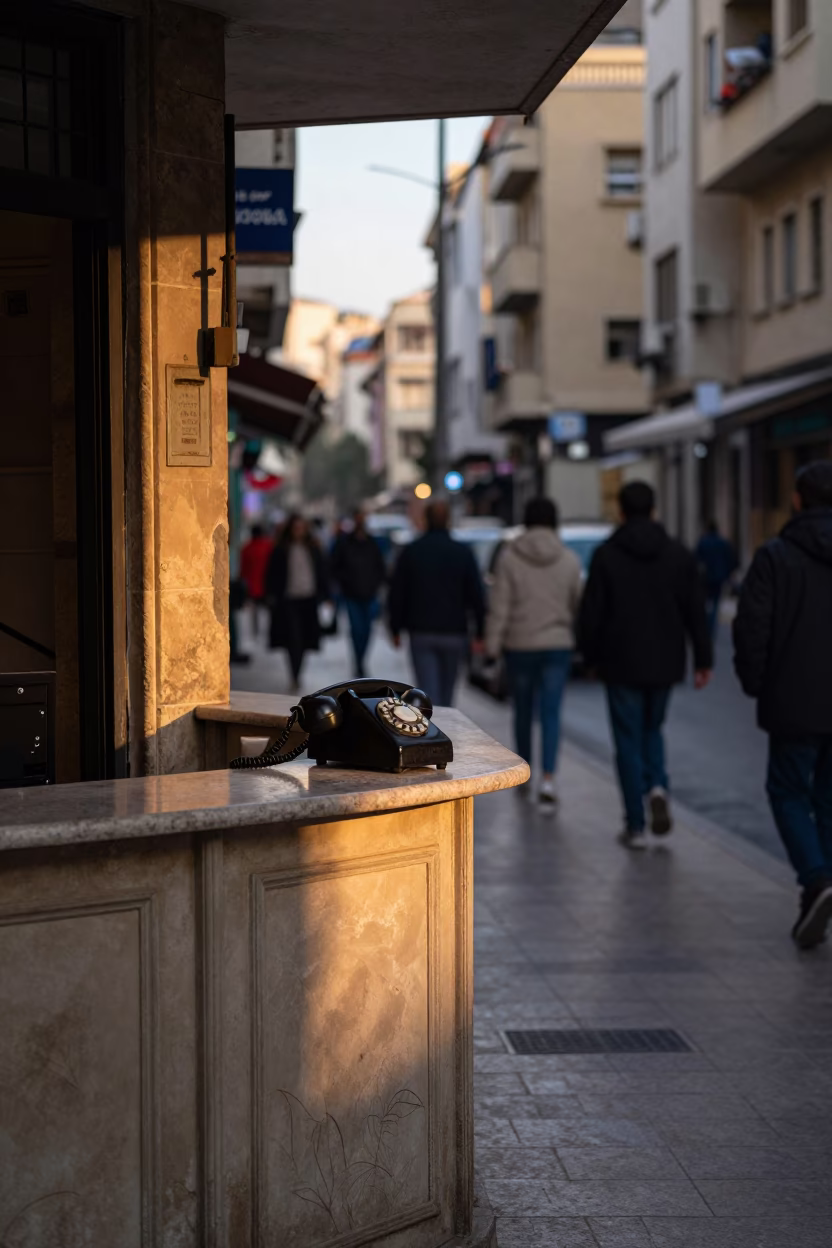 Busy Beirut Street Corner at Dawn with Vintage Bakelite Telephone and Local Commerce in in Beirut, Lebanon