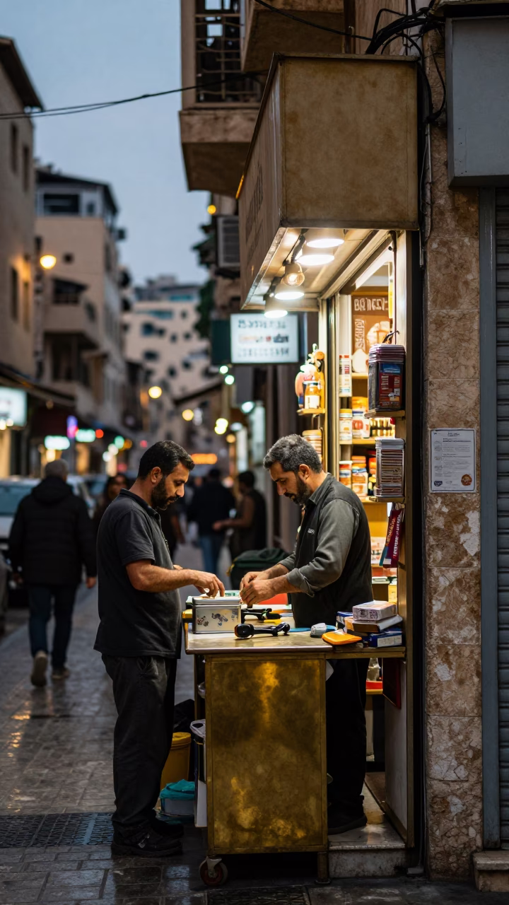 Busy Beirut Street Corner at Dusk with Local Shopkeeper and Vintage Items in in Beirut, Lebanon