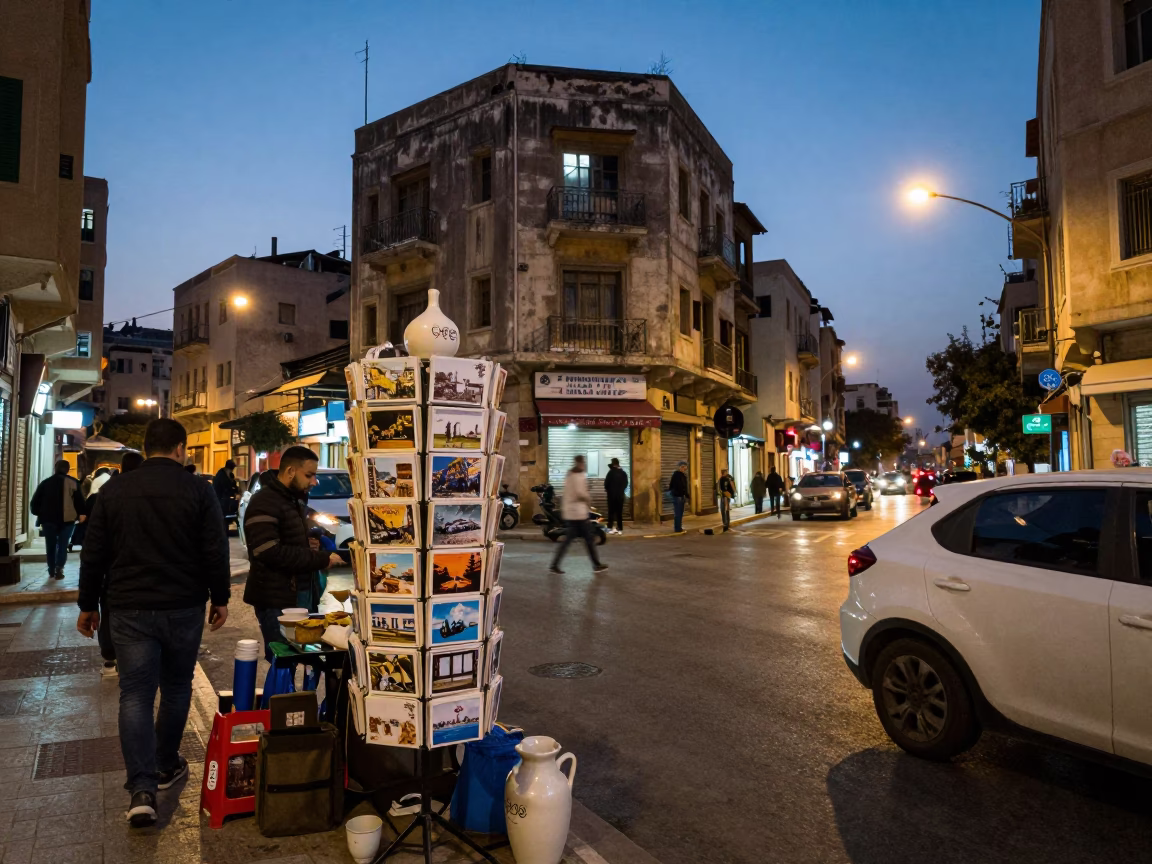 Busy Beirut Street Corner at Dusk with Postcards and Ceramic Pitcher in 1980s Lebanon in in Beirut, Lebanon
