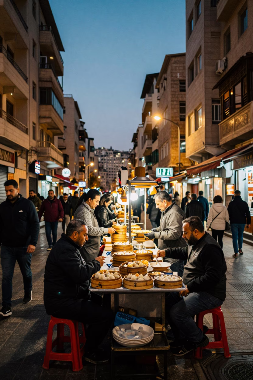 Busy Beirut street corner at dusk with traditional food stalls and city lights in in Beirut, Lebanon