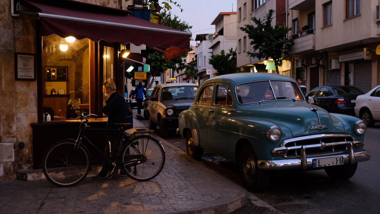 Busy Beirut Street Corner at Twilight with Vintage Car and Bicycle in in Beirut, Lebanon