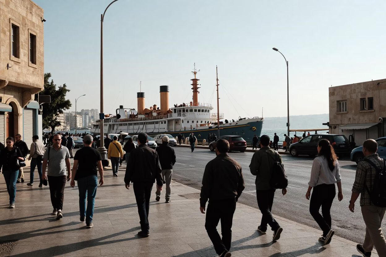 Busy Beirut Street Corner Early Afternoon with Steamship and Local Life in in Beirut, Lebanon