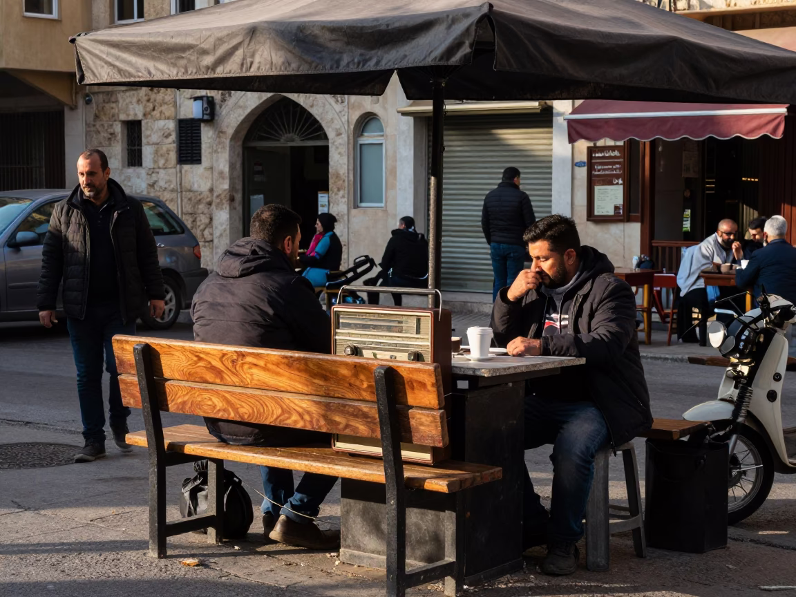 Busy Beirut Street Corner Early Morning Coffee Stand with Vintage Radio and Glass Tumblers in in Beirut, Lebanon