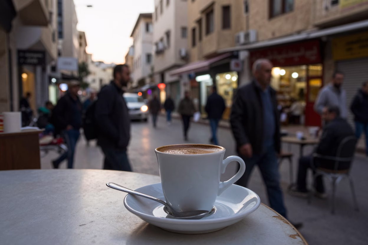 Busy Beirut Street Corner Evening with Turkish Coffee Cup and Pin Tin in in Beirut, Lebanon