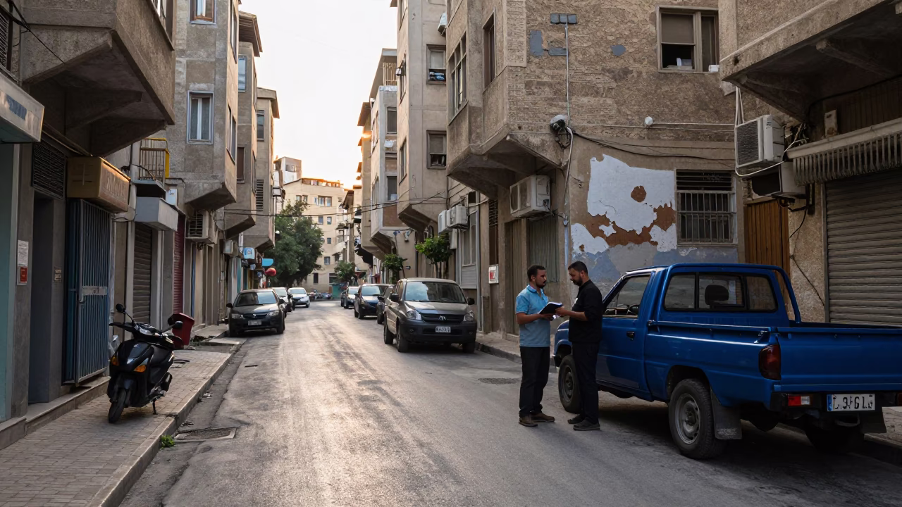 Busy Beirut Street Corner Just After Sunrise with Clipboard and Local Interaction in in Beirut, Lebanon
