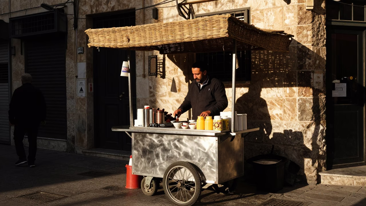 Busy Beirut Street Corner Late Afternoon Tea Seller with Local Customers in in Beirut, Lebanon
