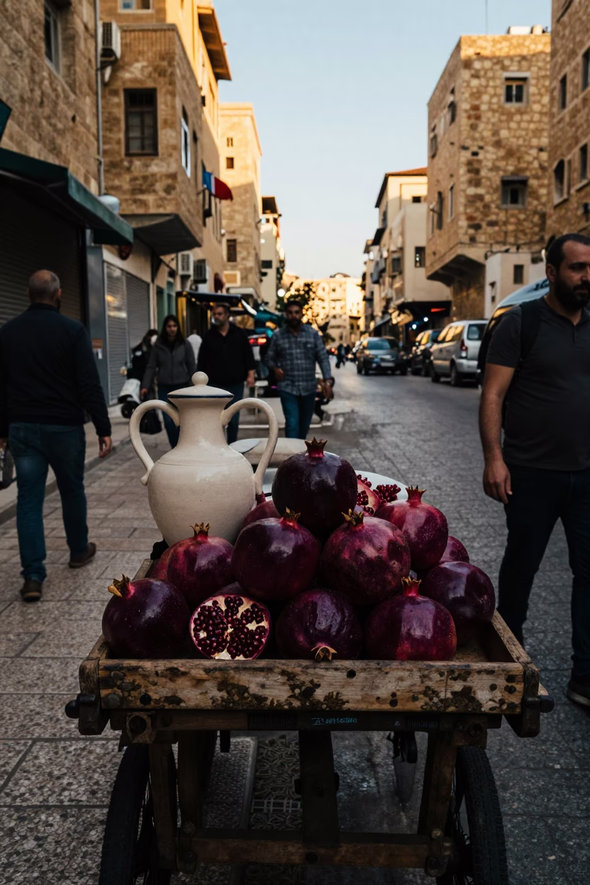 Busy Beirut Street Corner Late Afternoon with Ceramic Pitcher and Pomegranate in in Beirut, Lebanon
