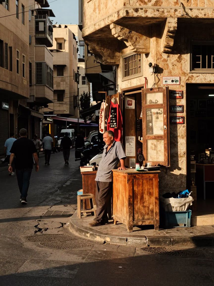 Busy Beirut Street Corner Late Afternoon with Local Shopkeeper and Vintage Storage Tin in in Beirut, Lebanon