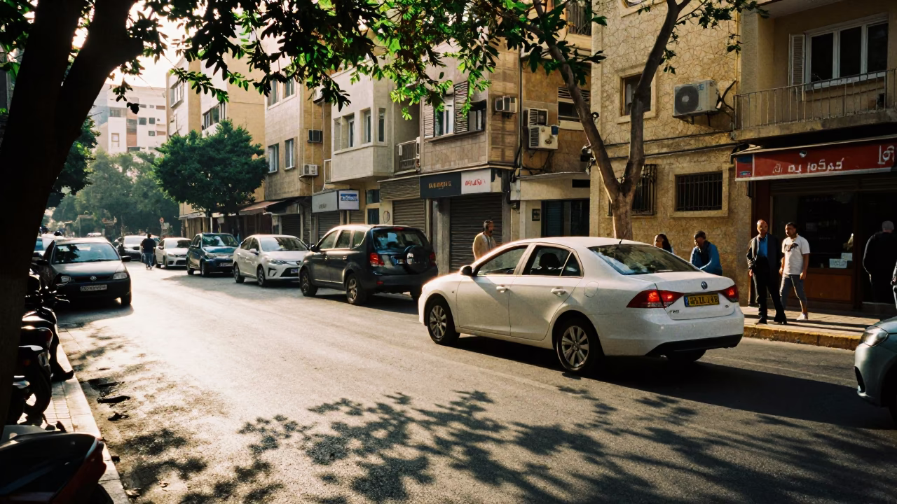 Busy Beirut Street Corner Late Morning with White Car and Tree Shade in in Beirut, Lebanon