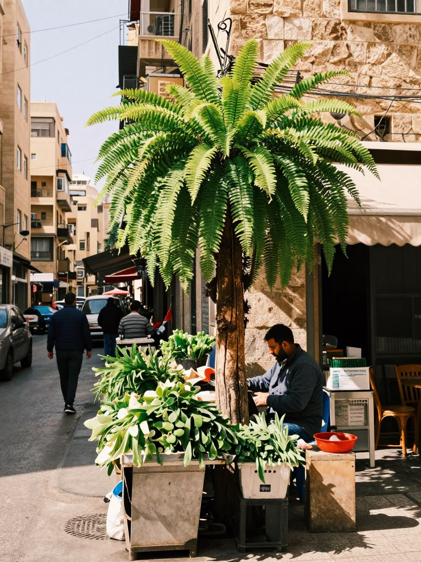 Busy Beirut Street Corner Midmorning with Staghorn Fern and Linen Napkin Detail in in Beirut, Lebanon