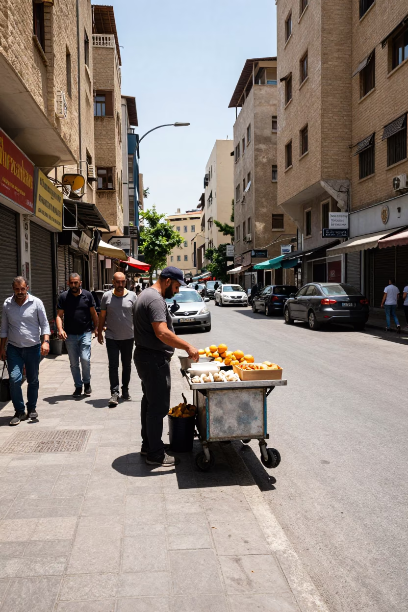 Busy Beirut Street Corner Noon Light with Local Food Vendor and Pedestrians in in Beirut, Lebanon