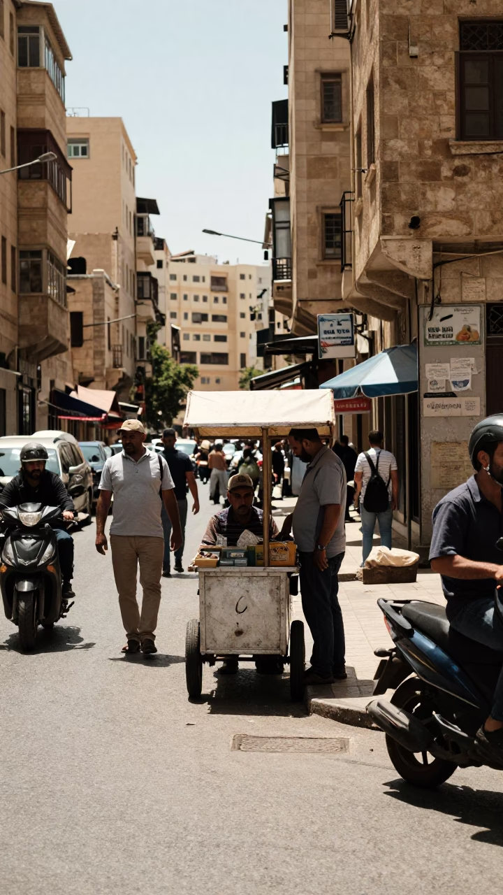 Busy Beirut Street Corner Under Flat Noon Glare with Ceramic Pitcher and Local Interaction in in Beirut, Lebanon