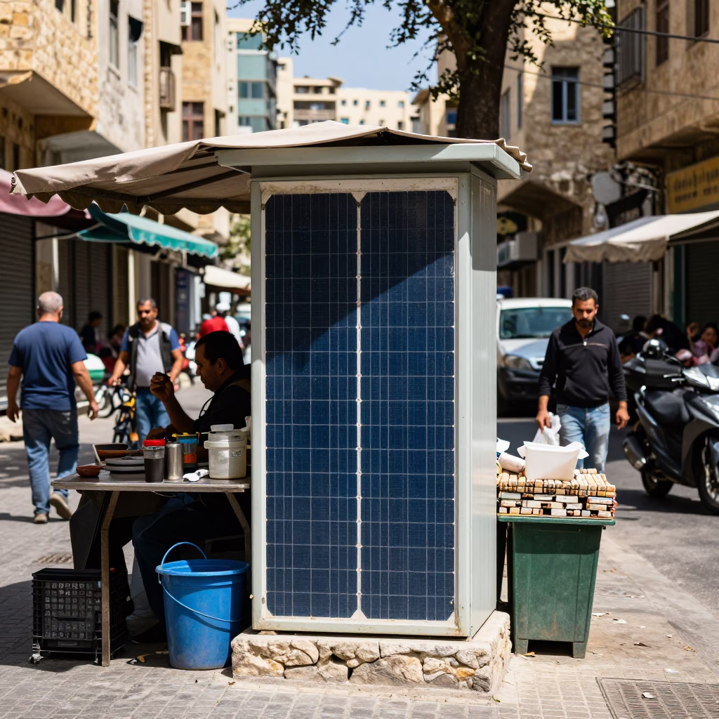 Busy Beirut Street Corner Under Flat Noon Glare with Solar Inverter and Scratched Tiles in in Beirut, Lebanon