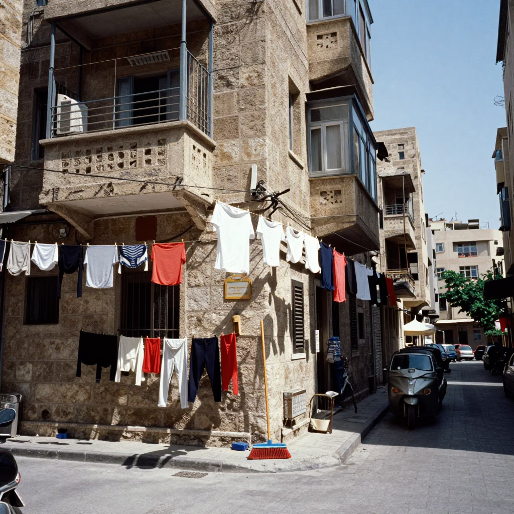 Busy Beirut Street Corner with Clothesline and Brooms at Flat Noon in in Beirut, Lebanon