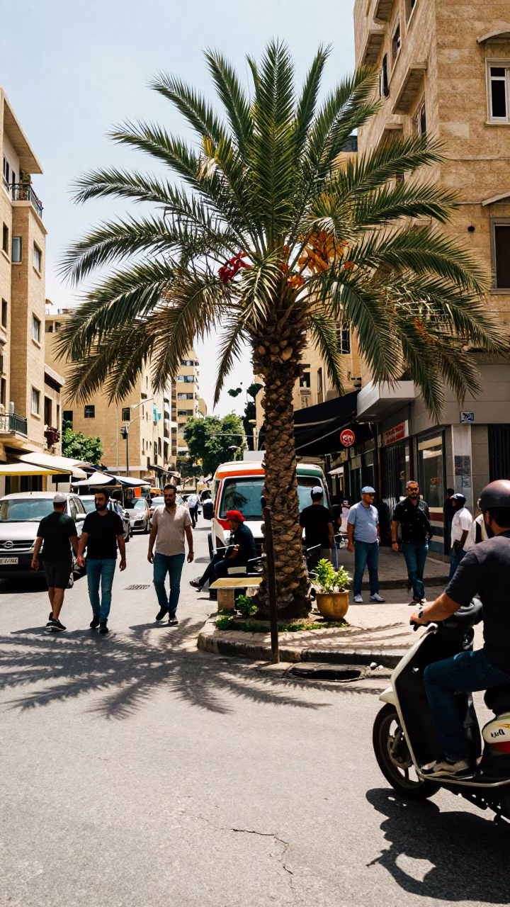 Busy Beirut Street Corner with Date Palm and Urban Details at Midday in in Beirut, Lebanon