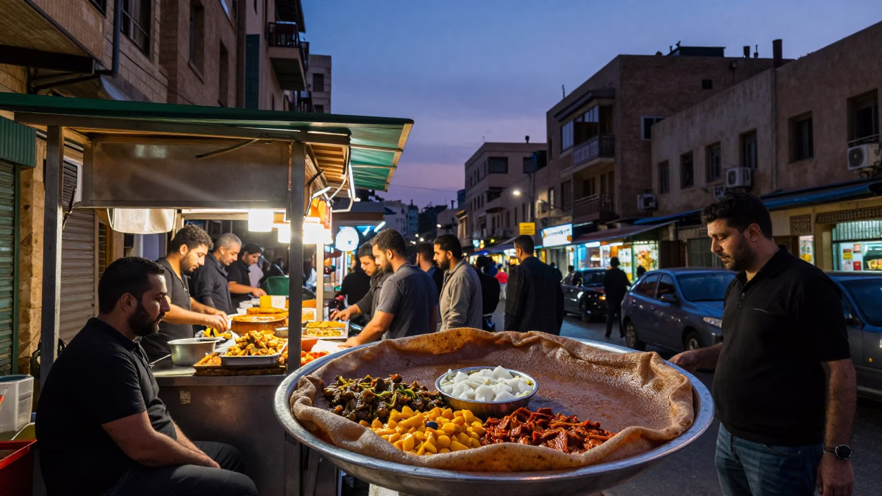 Busy Beirut Street Food Stall in Indigo Twilight with Injera and Stews in in Beirut, Lebanon
