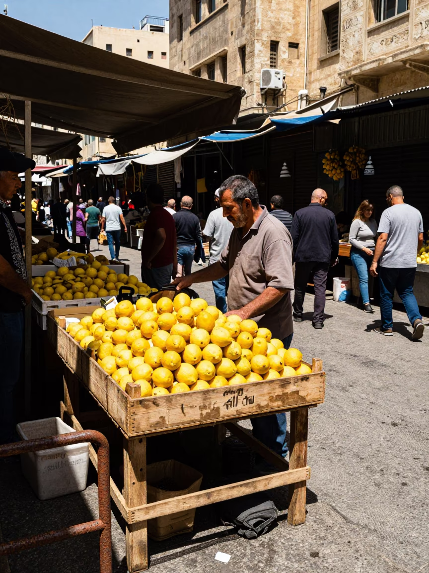 Busy Beirut Street Market Midday Sunlight and Rusty Railings with Lemons in in Beirut, Lebanon