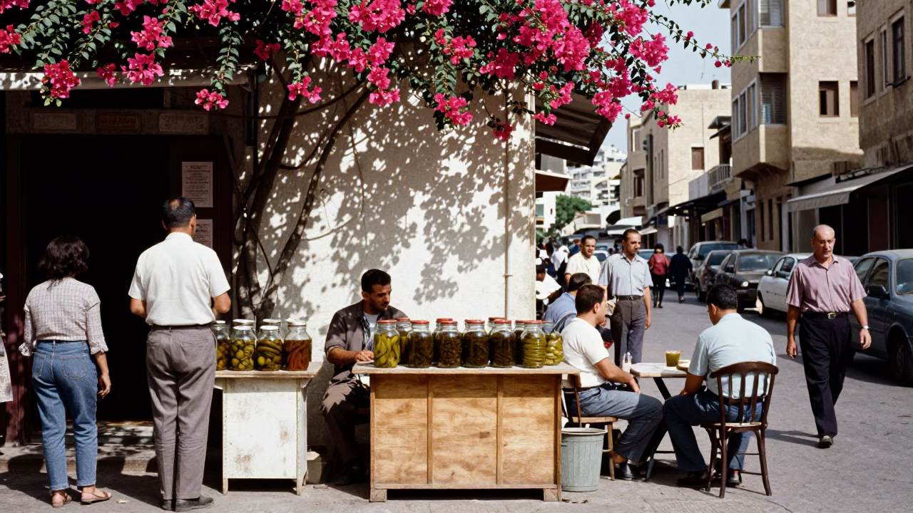 Busy Beirut Street Scene 1950s Midday with Bougainvillea and Daily Life in in Beirut, Lebanon