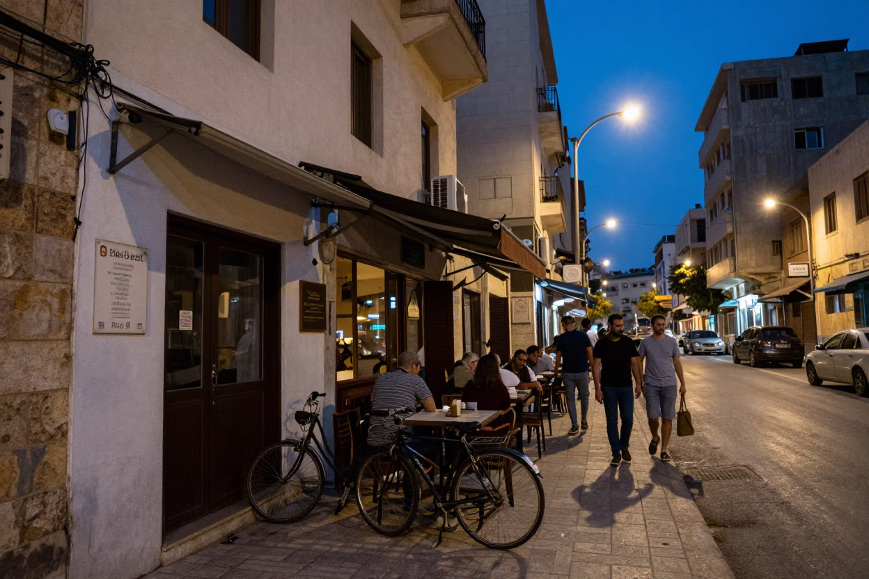 Busy Beirut Street Scene at Blue Hour with Bicycle Leaning Against Cafe in in Beirut, Lebanon