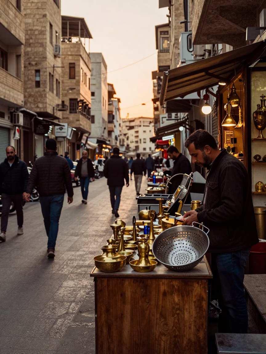 Busy Beirut Street Scene at Golden Hour with Local Commerce and Traditional Architecture in in Beirut, Lebanon