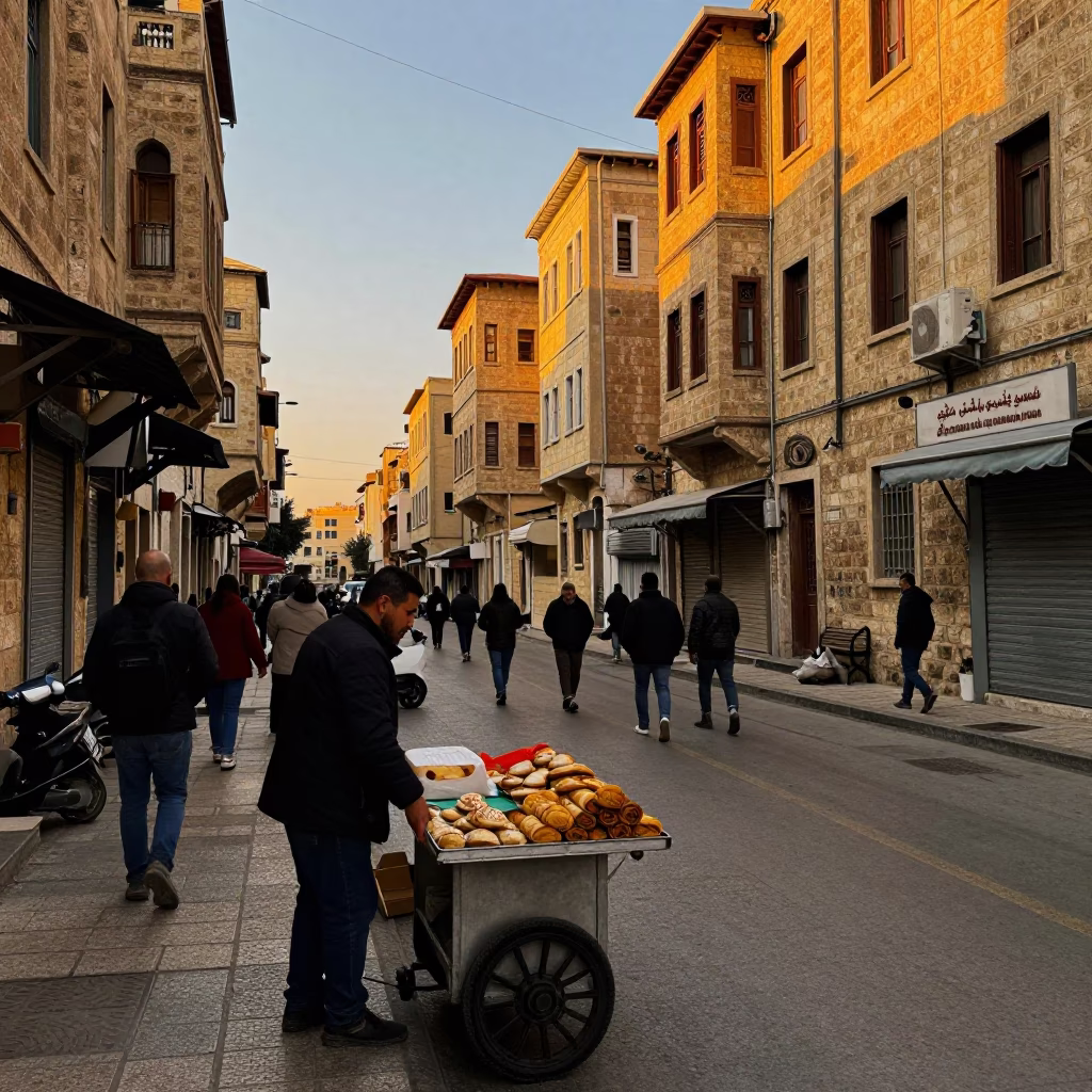 Busy Beirut Street Scene at Golden Hour with Local Vendors and Traditional Architecture in in Beirut, Lebanon