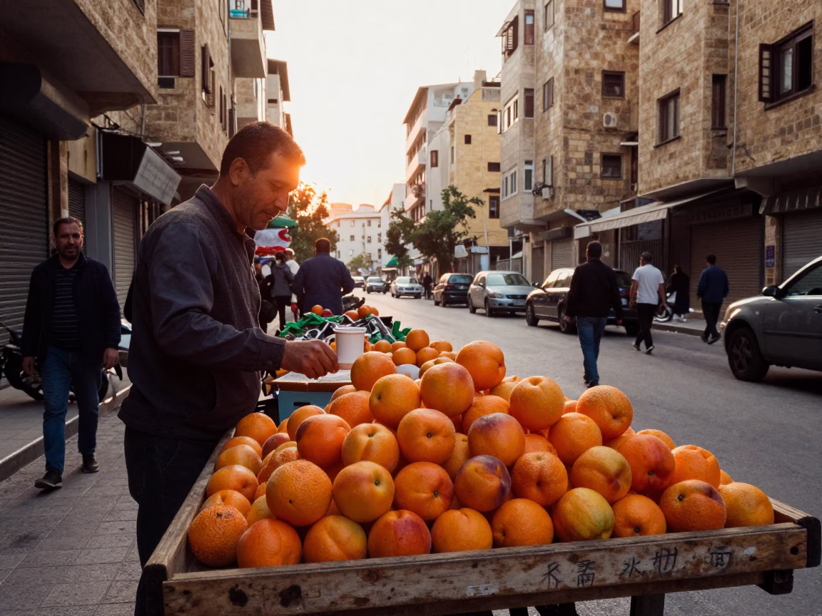 Busy Beirut Street Scene at Golden Hour with Nectarines and Vietnamese Coffee in in Beirut, Lebanon