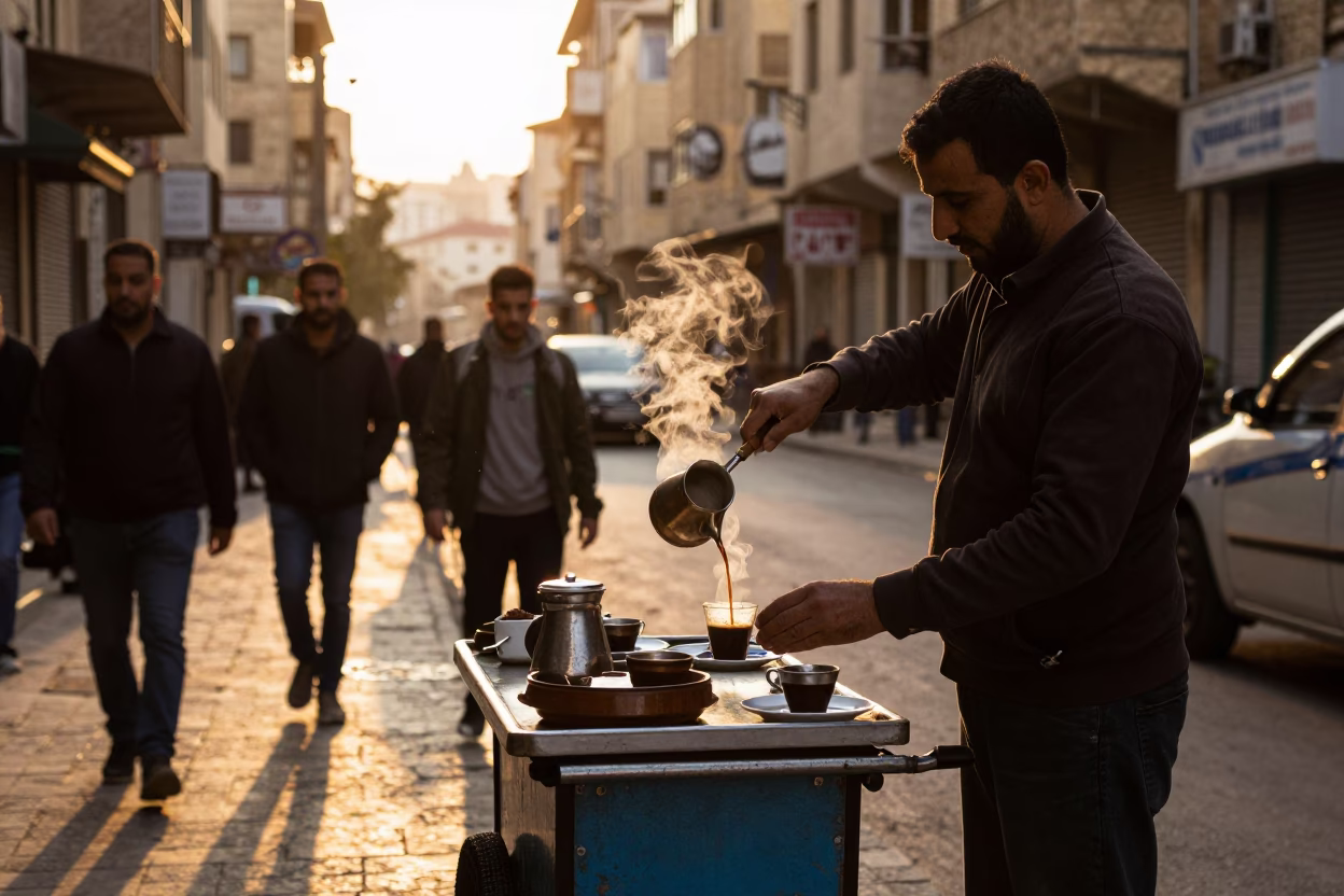 Busy Beirut Street Scene at Golden Hour with Traditional Coffee Serving and Clay Pot in in Beirut, Lebanon