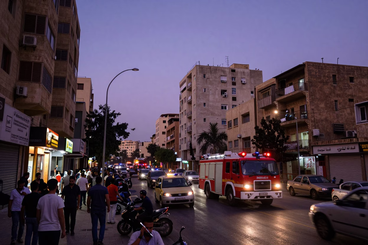 Busy Beirut Street Scene at Indigo Twilight with Highway Flyover and Local Life in in Beirut, Lebanon