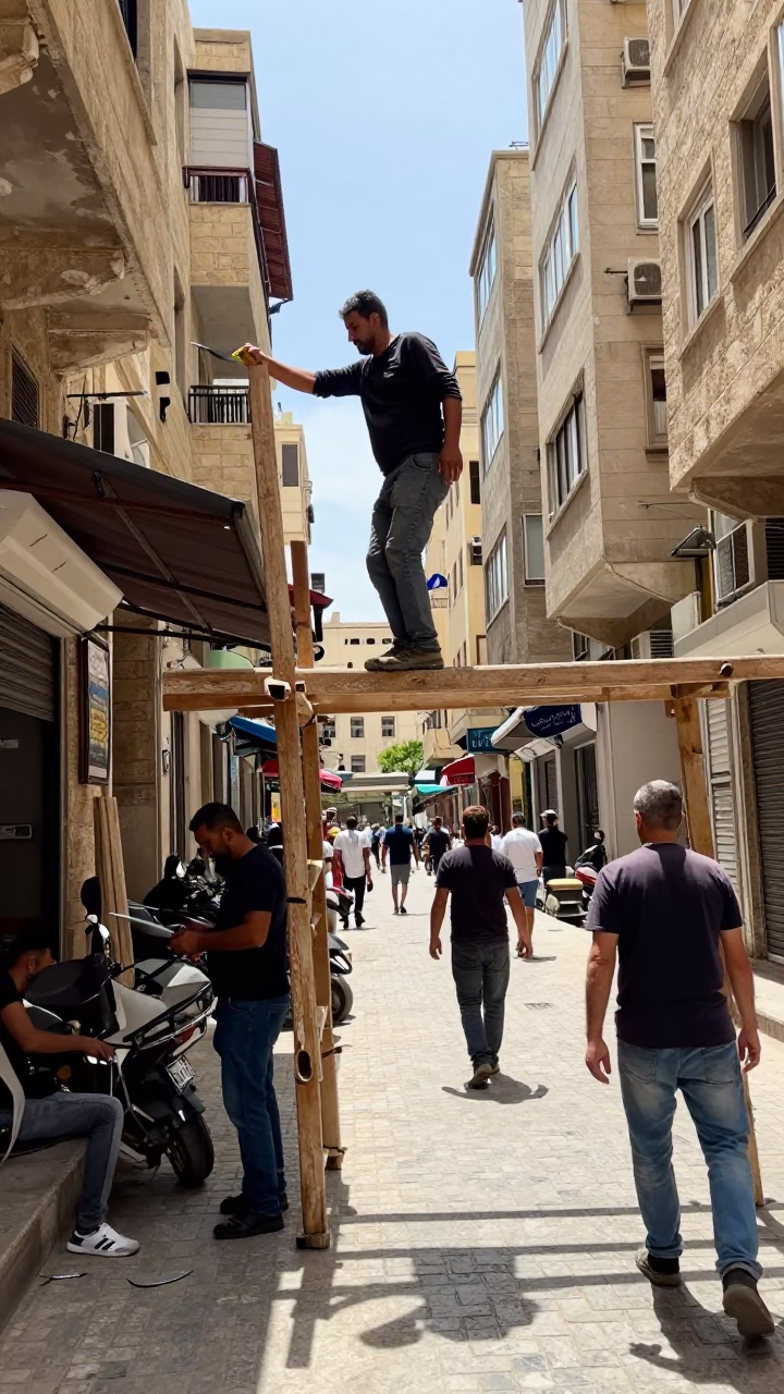 Busy Beirut Street Scene at Midday with Mason's Trowel and Wet Mortar on Scaffold in in Beirut, Lebanon