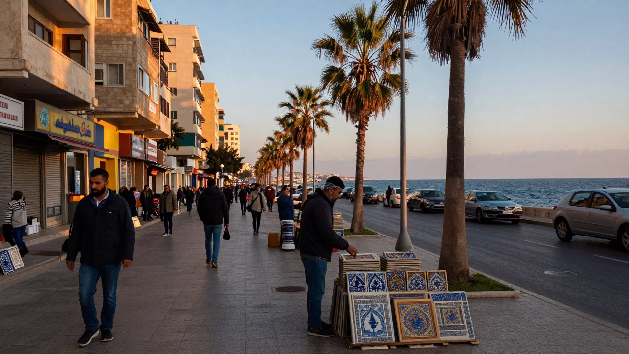 Busy Beirut Street Scene at Nautical Dawn with Ceramic Tiles and Stair Rail in in Beirut, Lebanon